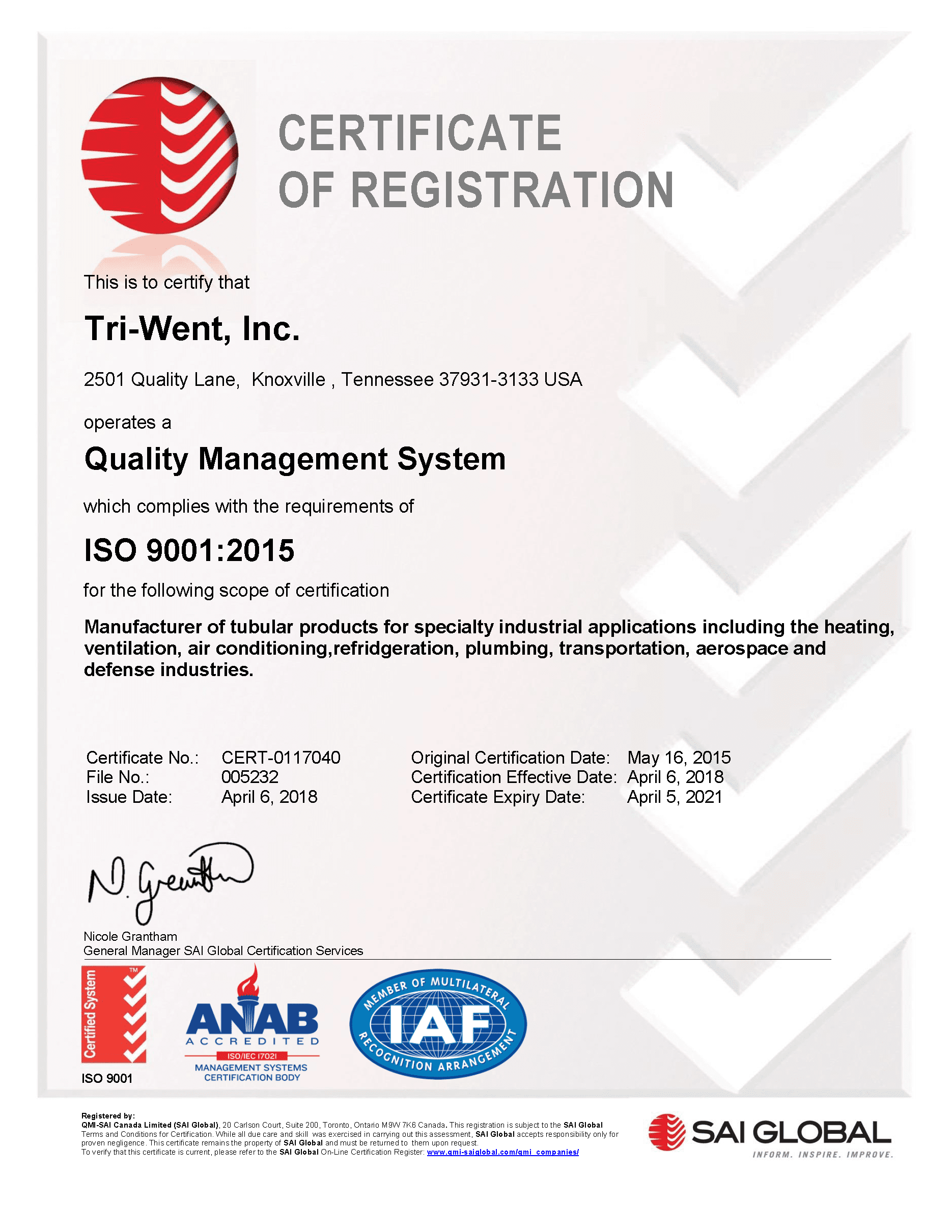 Tri-Went Inc ISO Cert 9001-2015 KNOXVILLE